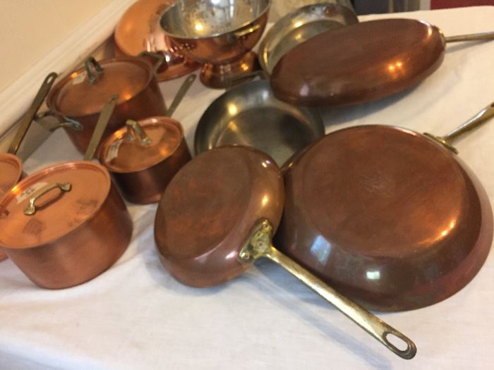 Paul Revere copper pots with racks