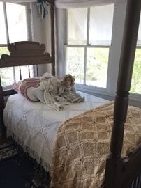 Fantastic twin bed with one of three hand crocheted bedspreads for sale