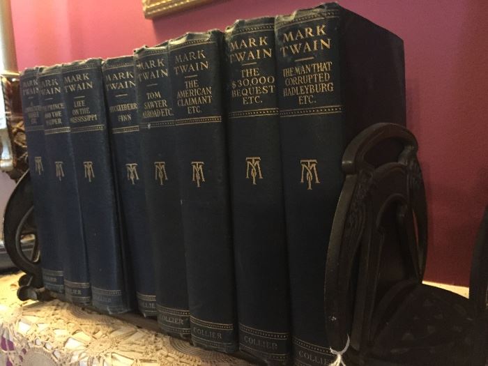 Early Mark Twain leather bound books with fine bookends