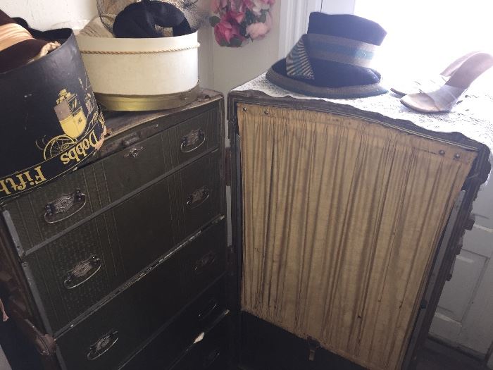 Early wardrobe trunk and so many fine early ladies hats