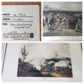 pair of 1815 Aquatints of the "Attack on the Road to Bayonne" Dec 13, 1813 and "Battle of Toulouse" April 1814--These handcolored 203 year old prints have their original price tag of $575 EACH--they will be an extreme bargain to our shoppers!