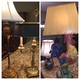 fabulous lamps including a 3 foot tall Majolica Rooster with an animal skin shade--It is a statement piece!