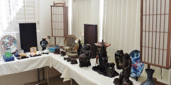 Asian lamps, altars, bronze figures (Lucky Gods), censors, plates.