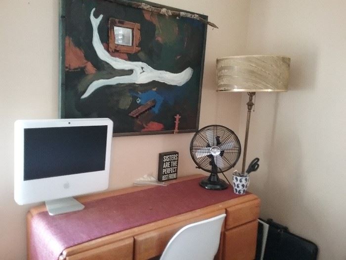 Original art piece, mid-century floor lamp, metal fan, handmade mcm-style desk, shell desk chair