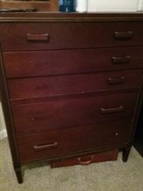 Very solid wood, art deco-styled chest of drawers, some handles missing, great fixer project, large and sturdy