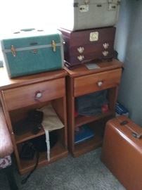 handmade to spec bedside tables, solid wood with cedar lined drawers, assorted vintage suitcases, wooden jewelry box