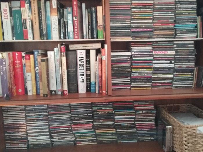 cds featuring rock, pop, surf, punk, alternative, a little country and rare box sets (joy division, ramones), books