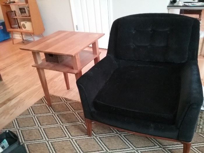 handmade all wood end table, mid century black velveteen chair...SOLD