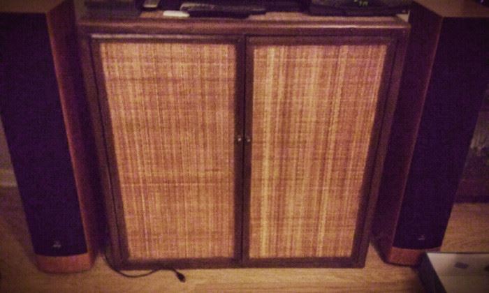 tv  and stero cabinet, with woven front and leather accents. JM Labs speakers