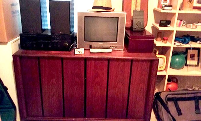Mahogany tv/stereo cabinet, Small toshiba tv, humidor...sold, old temperature sign, Yamaha receiver, polk audio speakers