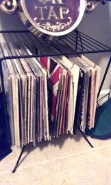 Mid-century album table/stand, record albums include jazz (brubek, martin denny, etc.), rock and pop