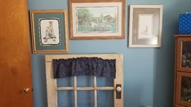 3 p buckley moss framed prints, vintage door stand.