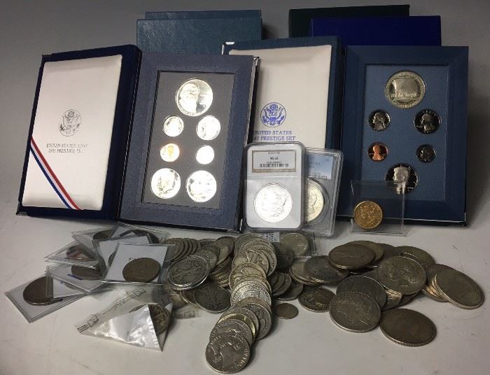 Morgan and Peace dollars. Pre 1964 Half Dollars etc.   Cash only sale. Bring Help to Load Large Items.