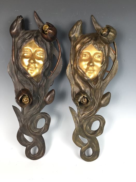 Original Signed Bouval Art Nouveau Maiden sconces