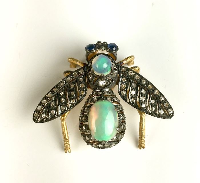 Opal, Silver and Diamonds Bug Brooch
