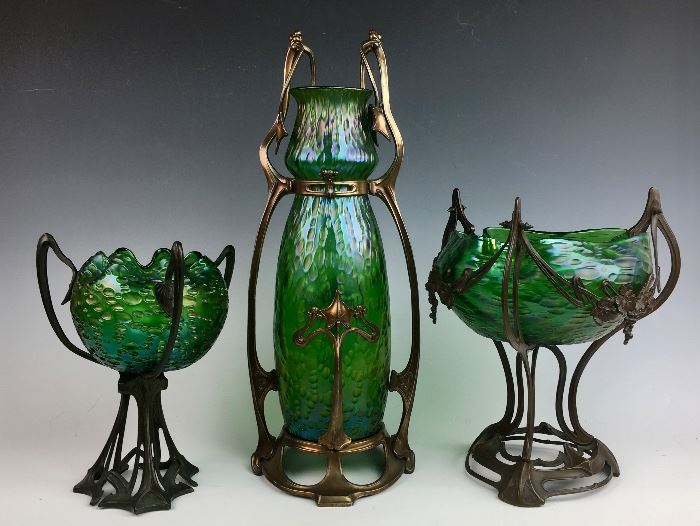 Art Nouveau Loetz style Glass & Metal Vases