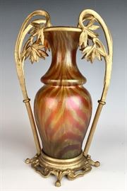 Loetz style Vase with Bronze Handles