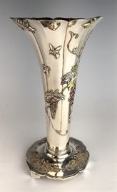 Important Japanese Silver & Enamel Vase w/ Bugs. C.1900