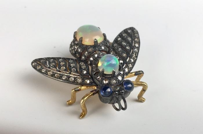 Diamond, Sterling,Opal Bug Pin
