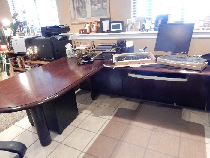 Wonderful Cherry Finish Double Return Desk with File Cabinets and Accessories.
