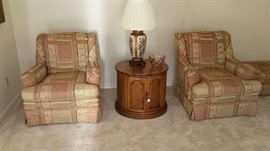 2 Sherrill Club Swivel Chairs w Ottoman - Price $300.00 firm

Frederick Cooper lamp - Price $100.00 firm

Henredon table - Price $150.00 firm

