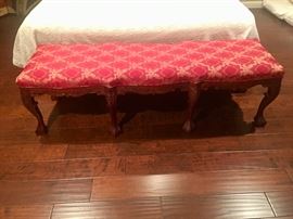 Chippendale mahogany bench with ball and claw feet - rich Russian red damask upholstery