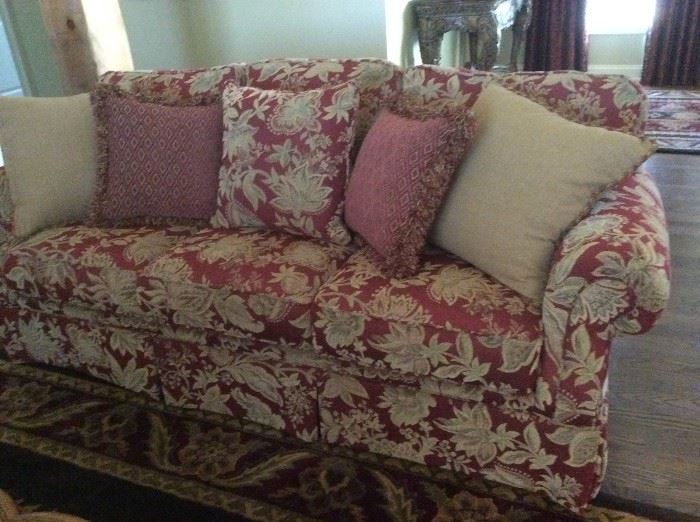 Matching Broyhill three cushion sofas - burgundy & gold with coordinating pillows