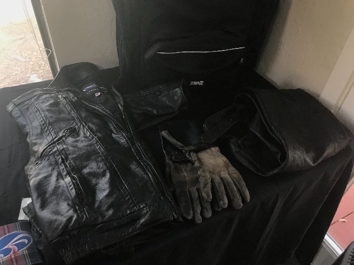 Protech Performance leather motorcycle jacket with liner (medium) @ $65, Olympia leather motorcycle gloves @ $22, leather motorcycle chaps @ $42, and Tour Master case @ $50