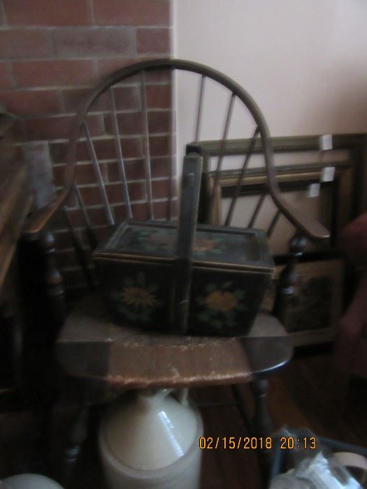 Dough box on woven seat chair. The stoneware crocks and jugs are also in the sale.