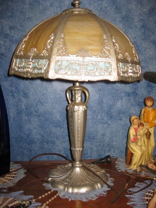 Antique slag glass table lamp; art nouveau