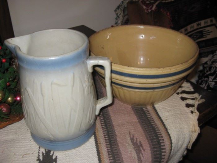 Antique salt glazed pitcher and yellow ware bowl