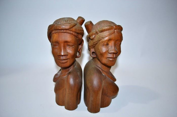 Pair of walnut or teak Filipino busts