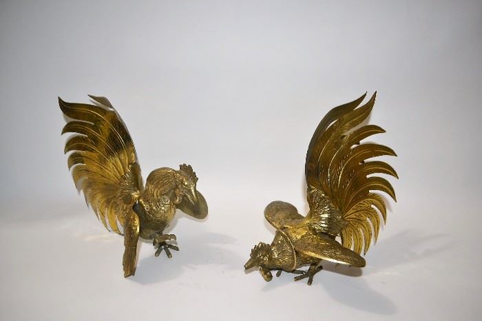 Pair of decorative brass roosters