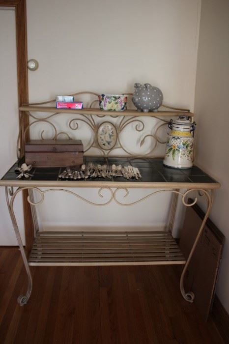 Bakers Rack with Tile Top and Decorative Items