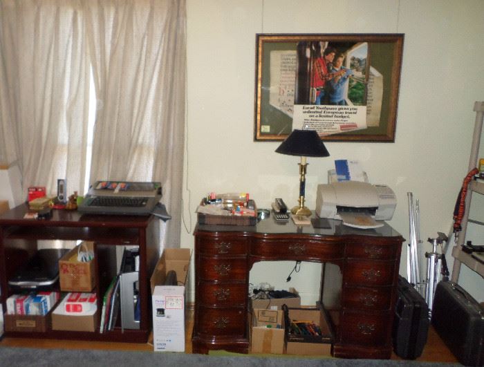 nice desk with glass top, Brother typewriter, LOADS of office supplies