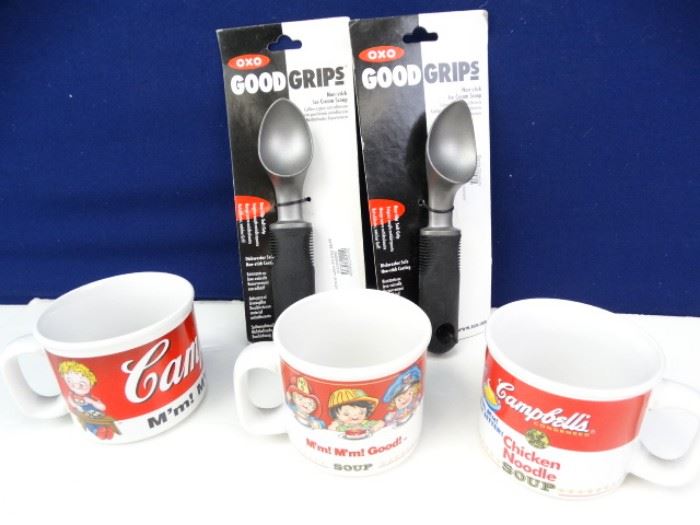 3 Campbells Soup Mugs and 2 Oxo Ice Cream Scoops
