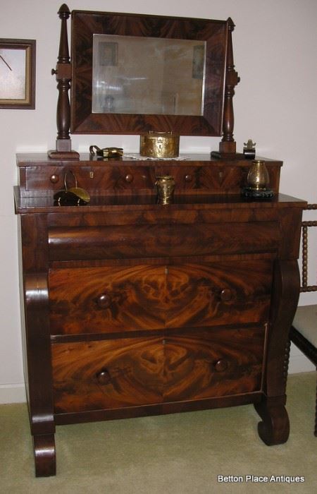 Antique Flame Mahogany Empire Chest with attached Mirror