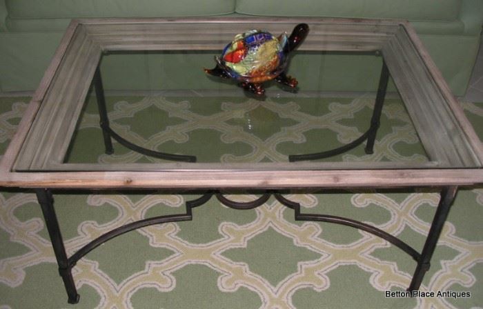 Wooden edged framed glass top metal base table