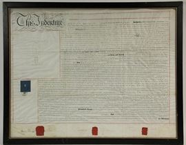 1754 Indenture "between Hendrick Brevoort of the Bowry Division of the Outward of the City of New York"..&.. "Elias Brevoort of the Said City of New York of the First Part"....&.."Elbert Herring", measuring 38" high, 21.25" wide, for a 600 pound purchase of lands in New York City, fold, somes splits and losses, an early document between 2 of the early Dutch New York founding families. Herring was probably the grandfather of the Elbert Herring who was appointed Commissioner of Indian Affairs by Andrew Jackson. 