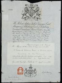 British Passport Signed by Robert Arthur Talbot Gascoyne-Cecil, the British Prime Minister & 3rd Marquess of Salisbury, Earl of Salisbury | Description: Very Fine 1898 British Passport for Frederick William Moss, signed by Robert Arthur Talbot Gascoyne-Cecil, a three time British Prime Minister for a total of 13 years (1885 – 1902), and also the 3rd Marquess of Salisbury, Earl of Salisbury | The Passport is double glazed | Measures 15.25″ H x 11″ W Dimensions: 5.25″ H x 11″ W Artist or Maker: Robert Arthur Talbot Gascoyne-Cecil Date: 1898 Condition Report: Excellent Condition. 