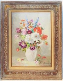 Gorgeous French Impressionistic Still Life Floral Oil Painting | Oil on Canvas | Signed by the Artist in Lower Right | Housed in an ornate carved wood frame | Measures 27″ H X 23″ W. Dimensions: 27″ H X 23″ W Medium: Oil on Canvas 