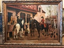 Large 19th Century Painting by well known artist John Perulpens | Perulpens was famed for his victorian style paintings, being well listed and collected | Oil on canvas | Titled “Travelers at the Tavern” | Signed by the artist with “J. Perulpens” in lower right | Painting depicts several travelers on horseback in front of a village tavern being served drinks by a young lady | Painting is housed in a new carved wood frame | Dimensions: In frame 34″ H x 45″ W x 2″ D | Painting and frame are in excellent condition. Dimensions: 45" x 34" x 2" Artist or Maker: John Perulpens Medium: Oil On Board Condition Report: Excellent 