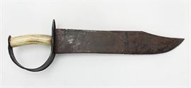 This is an original Civil War Confederate D-guard Bowie Knife | The Knife has a stag antler grip handle with a Bowl shaped Knuckle Guard | The blade is approx. 12.5″ in length, and the total length of the knife is approx. 17″ | This Confederate D-guard Bowie Knife is in good condition considering age and use. 
Dimensions: 17" x 3" x 3" 
