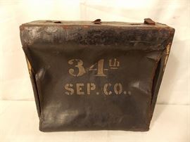 Antique Civil War wood framed leather infantry backpack | This is an authentic c. 1860s Union issue Civil War infantry backpack | Dark leather haversack with an internal wooden frame | This authentic Civil War leather and wood backpack/haversack has identifying regiment markings H 50 34th SEP. CO. – Believed to be the 50th Ohio Infantry, 34th Brigade, 10th Division of the Army of Ohio | As found with some tears, missing straps. Size: 15 x 13 x 3.5 in deep. The 50th Ohio Volunteer Infantry (or 50th OVI) was an infantry regiment in the Union Army during the American Civil War. The 50th Ohio Infantry was organized at Camp Dennison near Cincinnati, Ohio and mustered in for three years service on August 27, 1862, under the command of ColonelJ. R. Taylor. The regiment was recruited in Allen, Auglaize, Belmont, Hamilton, Preble, Putnam, Shelby, Tuscarawas, and Van Wert counties. On December 31, 1864, the 99th Ohio Infantry was consolidated into the 50th Ohio Infantry. The regiment was attache