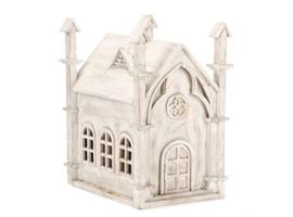 Amazing large antique rustic whitewash painted wooden chapel | This hand built folk art wooden chapel sculpture resembles the small white painted rural churches of the 19th Century | The amazing piece of American Folk Art is built with four corner supports, a gable roof, front and back each with a Gothic arch, a quatrefoil window and an arched paneled door, the sides each have three pierced arched windows | A Unique & Beautiful hand made one-of-a-kind table top model | Approx. measurements: H 24.6″, W 15.75″, D 21.75″ | Provenance: From the private collection of Elaine Killeen, Atlanta, Georgia 
Dimensions: 25" x 14.75" x 21