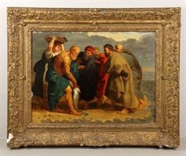Early 17th Century old master oil painting from the School of Peter Paul Rubens, titled "Saint Peter finding the Tribute Money" | Oil on Panel | Circa 1617 – 1618 | The Painting was professionally assessed by Sotheby’s in 2012 to be from the Circle of Peter Paul Rubens (Flemish, 1577–1640). The painting measures 20 1/4″ h x 27 1/4″ w (view), 30″ h x 36 3/4″ w (frame). The gilded frame has some gesso missing. The canvas is supported by what appears to be the original stretchers, but since reinforced by an impressive latice backing. The painting has been professionally restored. Sotheby’s concluded that the “present composition closely relates to Saint Peter Finding the Tribute Money in the National Gallery of Ireland, Dublin.” Therein, the National Gallery of Ireland stated the following: Rubens is the most gifted, versatile and influential of all seventeenth-century Flemish artists. He was a painter to various courts of Europe, producing magnificent cycles of allegorical paintings glor