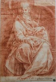 GIUSEPPE CESARI, CALLED IL CAVALIER D’ARPINO (ITALIAN, 1568-1640). Matted Drawing using Red chalk on watermarked laid paper; Entitled Moses (ITALIAN OLD MASTER, 16TH CENTURY). Upper right signed and inscribed; lower right also signed in black. A prominent collectors mark of Commendatore Genevosio (Modesto Ignazio Bonaventura Luigi Genevosio) (Turin, 1719-1795) (L545) is on the lower right of the drawing. The drawing is a study by D’Arpino of the figure of Moses to be painted by Cavalier D’Arpino in the Ascension of Christ Fresco located in the Oligiati Chapel, Santa Prassede, Rome. The Painting was completed by Arpino in 1595. Drawing is Professionally framed under archival glass. Giuseppe Cesari Giuseppe Cesari (February 1568 – 3 July 1640) was an Italian Mannerist painter, also named Il Giuseppino and called Cavaliere d’Arpino, because he was created Cavaliere di Cristo by his patron Pope Clement VIII. He was much patronized in Rome by both Clement and Sixtus V. He was the chief of t
