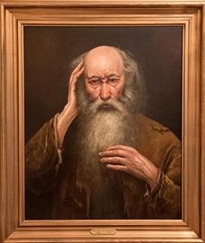 Original Oil painting attributed to the important American Portrait Painter Frank Duveneck (October 9, 1848 – January 3, 1919) | Entitled "Poor Old Man" | Oil on Canvas | Circa 1883 | Previous owners believe this painting was created in or about 1883 in Cincinnati, Ohio. However, the dating could not be independently verified. Framed with Brass Plate with “Frank Duveneck, 1848 – 1919” | Size with Frame: 34.5 x 29.5 inches. | Portrait is in Very good condition. Professionally relined and restored by Collectors Art Group (Conservators) in Cincinnati, Ohio. Duveneck was an American figure and portrait painter.

