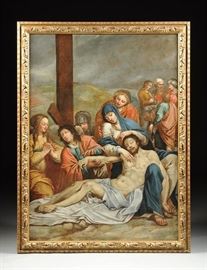 Large 17th Century Bolognese School Oil Painting Entitled "Lamentation of Christ" | Oil on Canvas | Dimensions: 60.5" H x 43.5" W. The Bolognese School or the School of Bologna of painting flourished in Bologna, the capital of Emilia Romagna, between the 16th and 17th centuries in Italy, and rivaled Florence and Rome as the center of painting. Its most important representatives include the Carracci family, including Ludovico Carracci, and his two cousins, the brothers Agostino Carracci and Annibale Carracci. Later, it included other prominent Baroque painters: Domenichino and Lanfranco, active mostly in Rome, eventually Guercino and Guido Reni, and Accademia degli Incamminati in Bologna, which was run by Lodovico Carracci. Certain artistic conventions, which over time became traditionalist, had been developed in Rome during the first decades of the 16th century. As time passed, some artists sought new approaches to their work that no longer reflected only the Roman manner. The Carracci