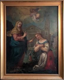 Large 17th Century French Old Master Oil Painting Entitled "St. Marie & St. Agnes of Rome" | French School, 17th century | Oil painting on canvas | The work depicts St. Marie and St. Agnes of Rome, standing before the ancient city, with cherubs hovering above to the sky. Painted on this very large scale, it is still possible that the canvas has been cut down from a larger work judging from the composition. Superb detailing throughout | Housed in a gold gilded gesso and wood frame : Dimensions: 50" H x 41" W | From a private collection in France, thereafter owned by an important estate in England.
